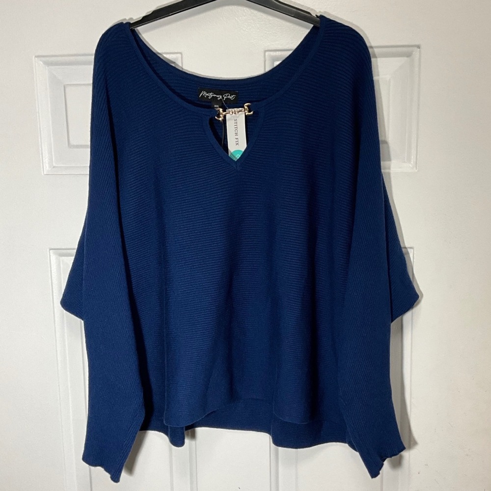 Montgomery Post Navy Blue Keyhole Neck Ribbed Sweater XXL Petite NWT